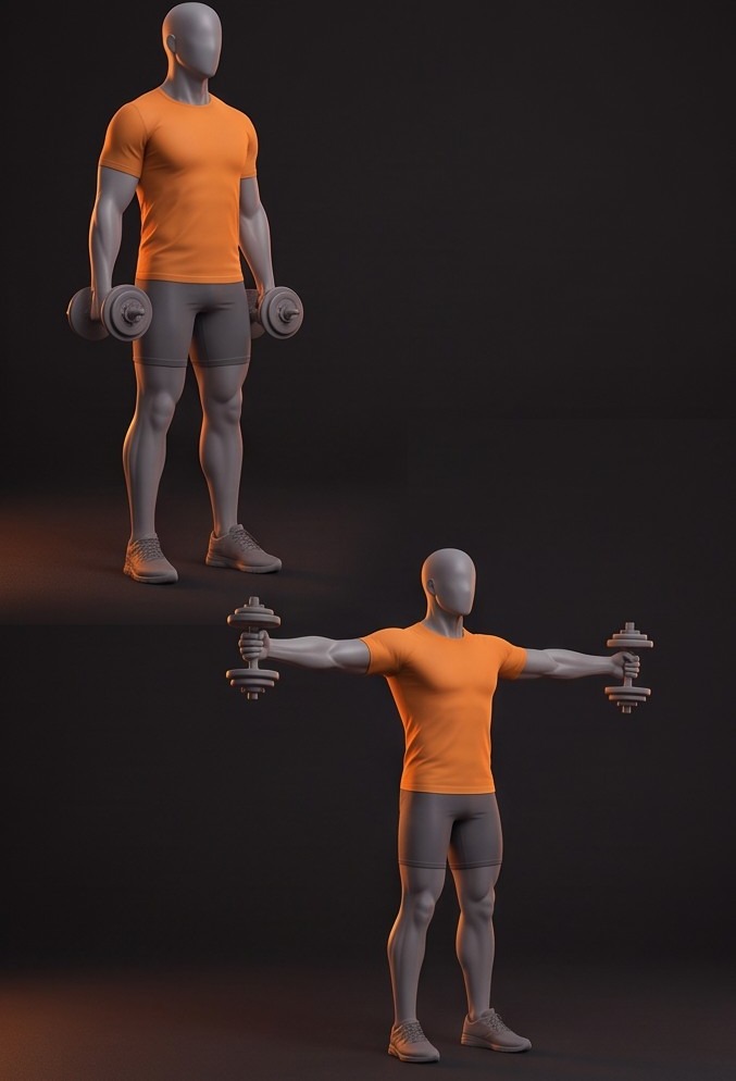 Ilustração 3D de Elevações laterais, com roupa desportiva