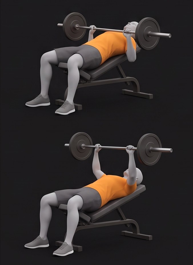 Ilustração 3D de Supino inclinado barra, com roupa desportiva