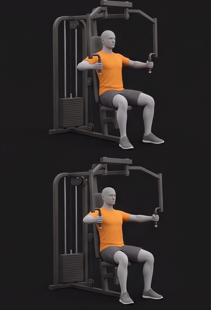 Ilustração 3D de Supino máquina, com roupa desportiva